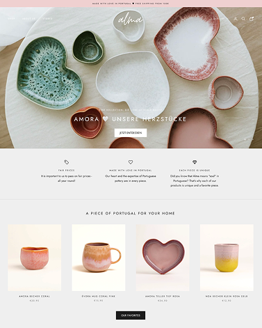 Alt: Individuelles Shopify Design für Alma Ceramics mit Fokus auf High-End Produktpräsentation.
