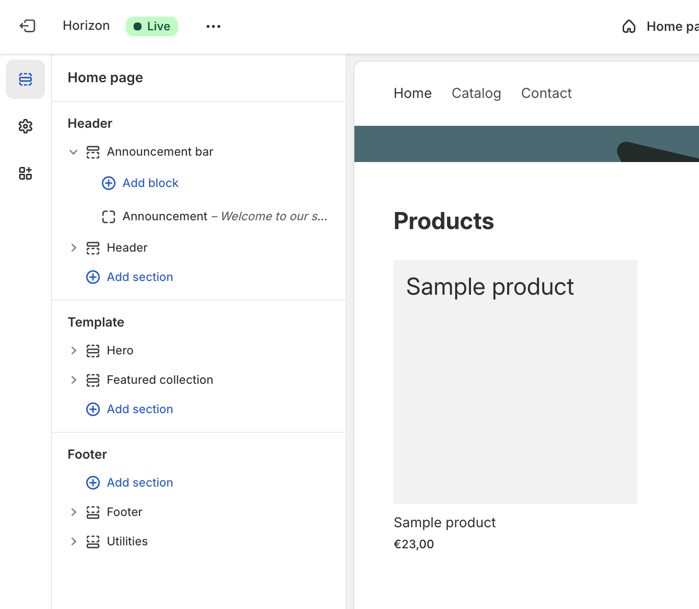 Alt: Shop Theme Customizer Ansicht für eine einfache Verwaltung von Inhalten und Bannern.